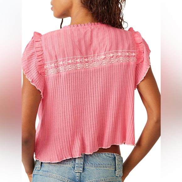 FREE PEOPLE Sarafina Embroidered Ruffle Sleeve Top NWT Pink Lemonade Combo - Picture 3 of 12